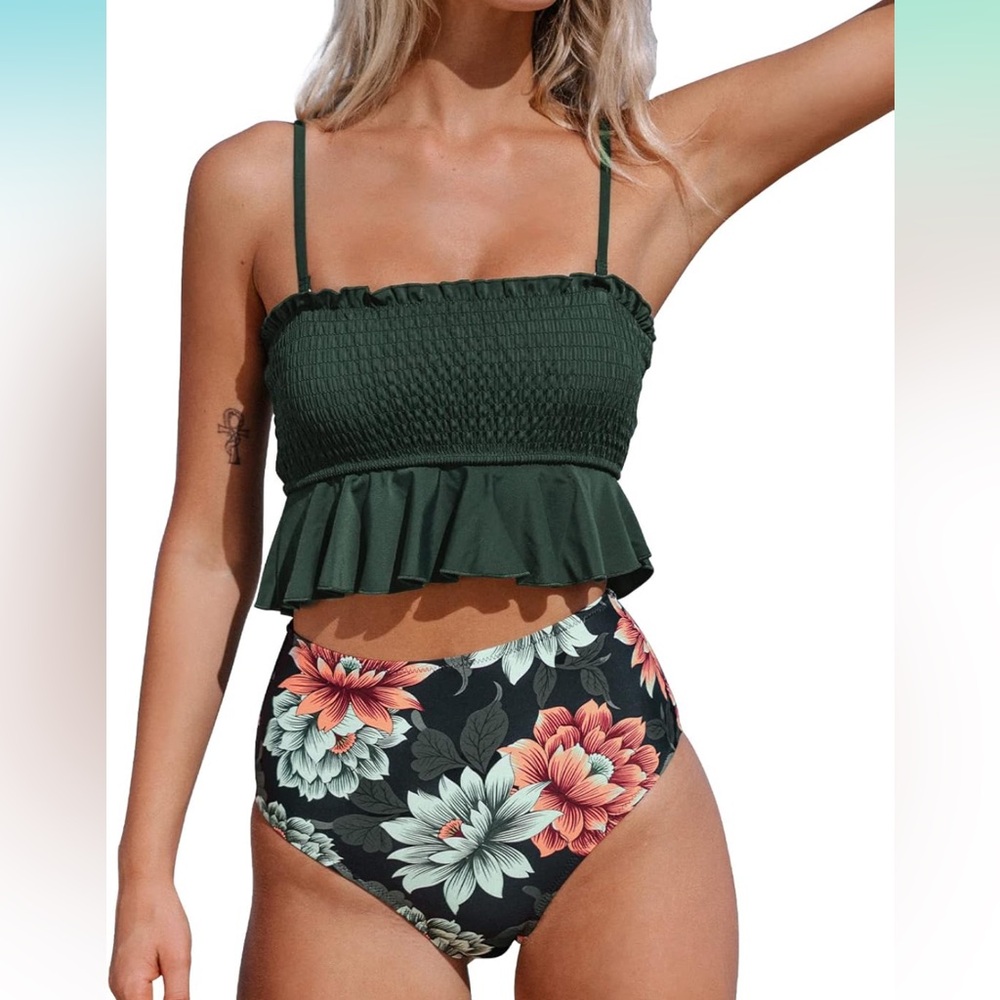 Cupshe Dark Green Ruffle Bikini with Floral Bottom